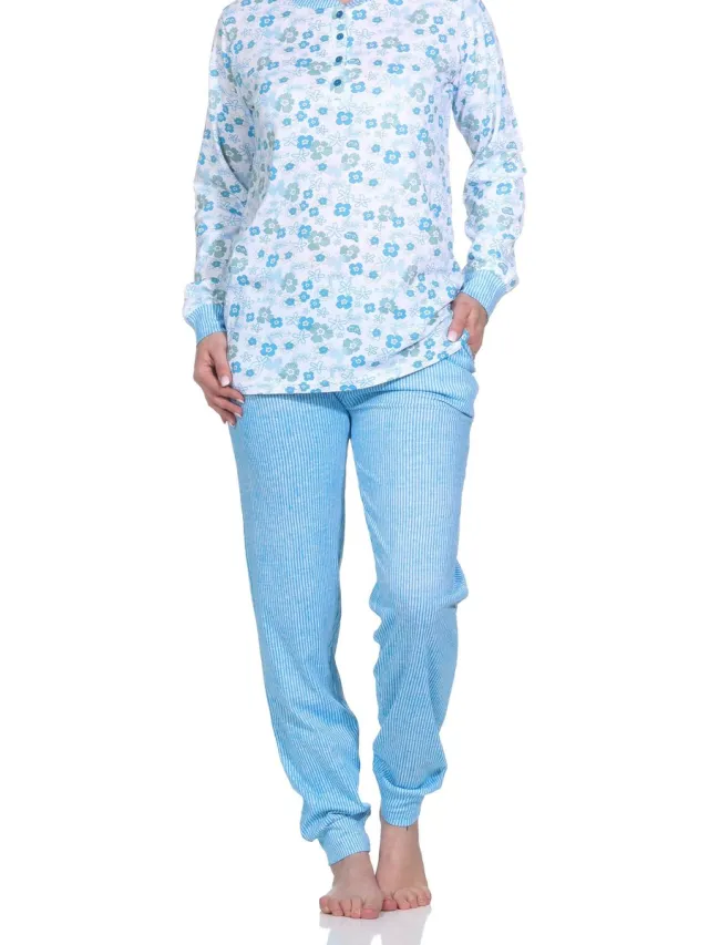 Normann Damespyjama met lange mouwen en manchetten, pyjamabroek in fijne streepjeslook blau