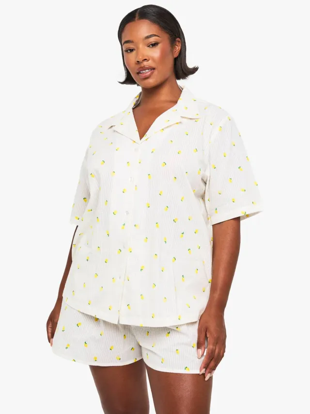 boohoo Dames Plus Lemon Print Waffle Shirt PJ Top wit, foto 2