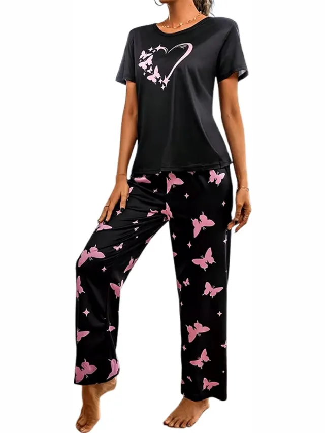 Boncy Pyjama Set Dames Zacht Hart - Pyama Nachtkleding Volwassenen - Pyjamabroek Meisje Zwart en Roze