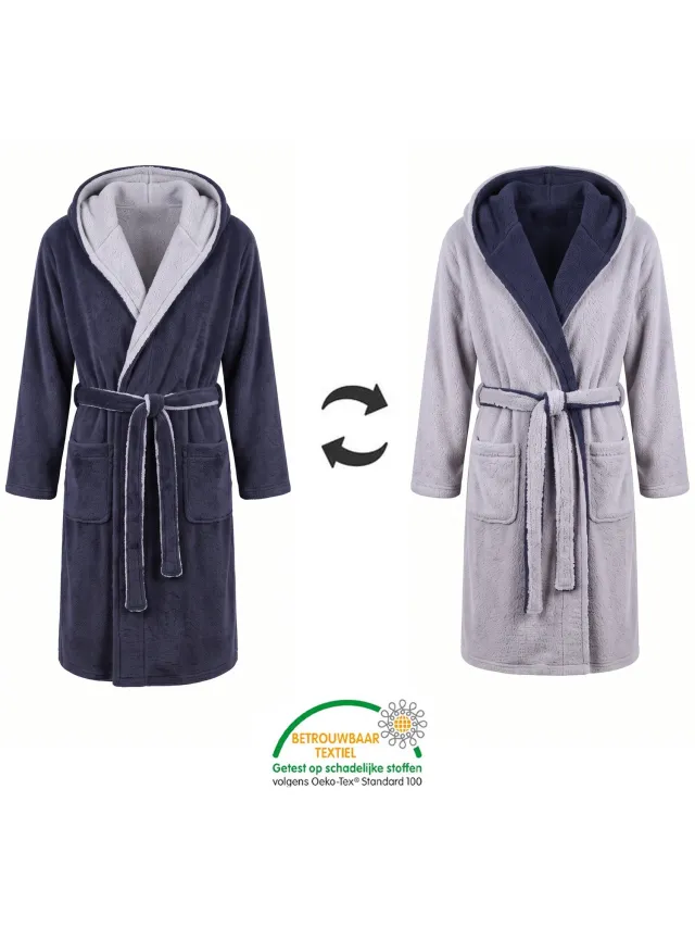 Sorprese Micro Fleece - Badjas - Donkerblauw/Lichtgrijs - Dubbelzijdig met Capuchon - Ultra Zacht en Warm - Badjas Dames - Badjas Heren - Sauna - Cadeau - Oeko-Tex Standard 100