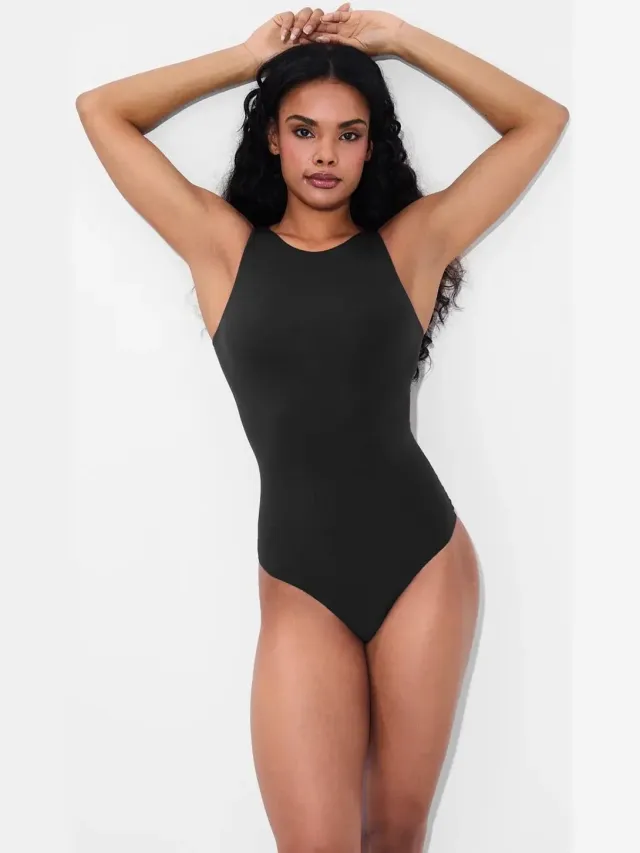 cfab Bodysuit met ronde hals en strikjes - Zwart - S - Corrigerende Body - Naadlos - corrigerend ondergoed dames