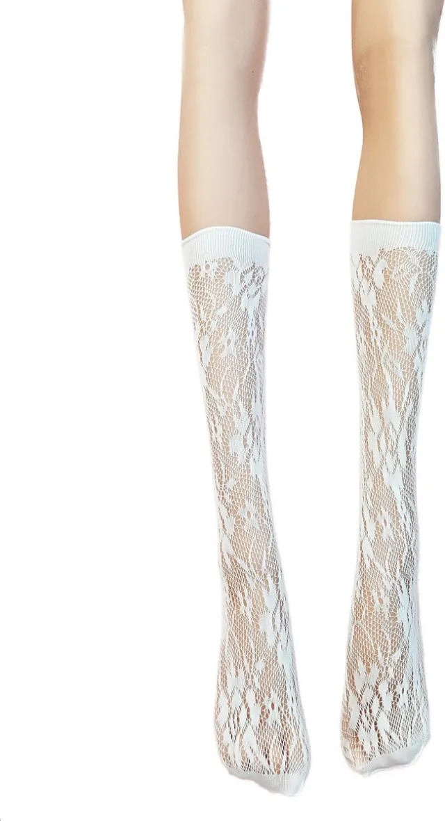 BamBella Knie Sokken panty stof Dames - Onesize - Wit - kant kousen net Kniekousen