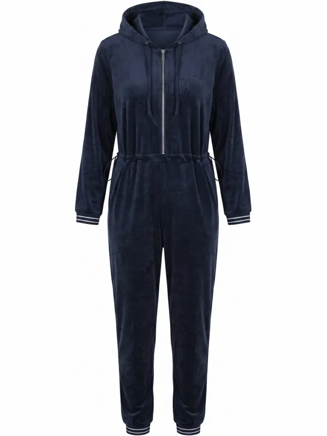 Ulla Popken Dames - Fluwelen onesie - Marine - Maat 42+