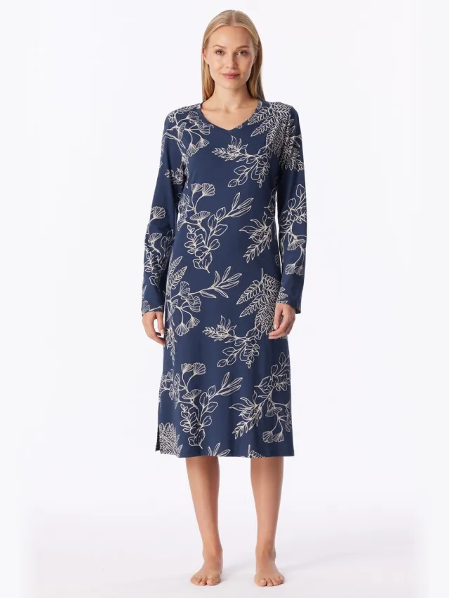 Schiesser dames Comfort Essentials nachthemd met lange mouwen met admiraalpatroon - admiraal dessin Blauw