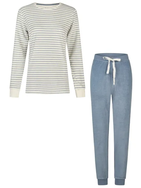 By Louise Dames winter pyjama set lang badstof wit/blauw gestreept Veelkleurig