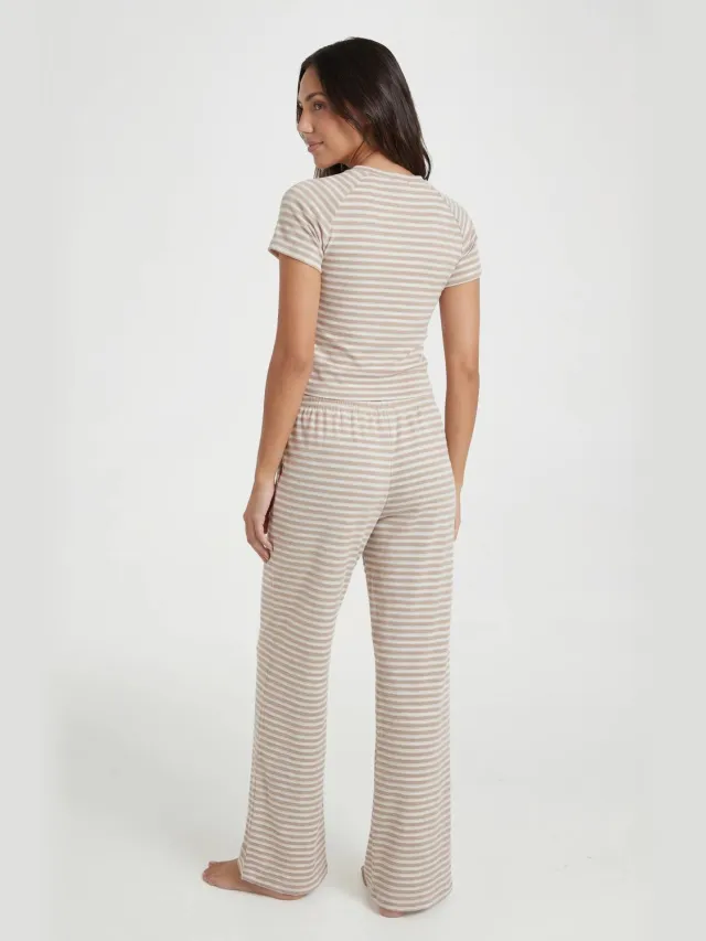 boohoo Dames Geborsteld Jersey Gestreepte Baby Tee & Broek Pyjama Set Beige
