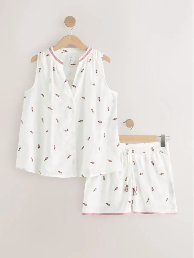 Next Dames - Katoenen hemdpyjama - Wit White Embroidered Tulip
