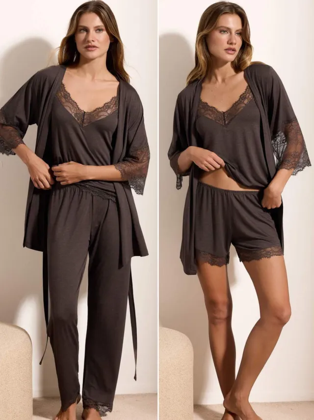 Trendyol TRENDYOLMİLLA Dames 4-pack Kaki Effen Driekwart mouw Loungewear Regular fit Pyjama- Sets