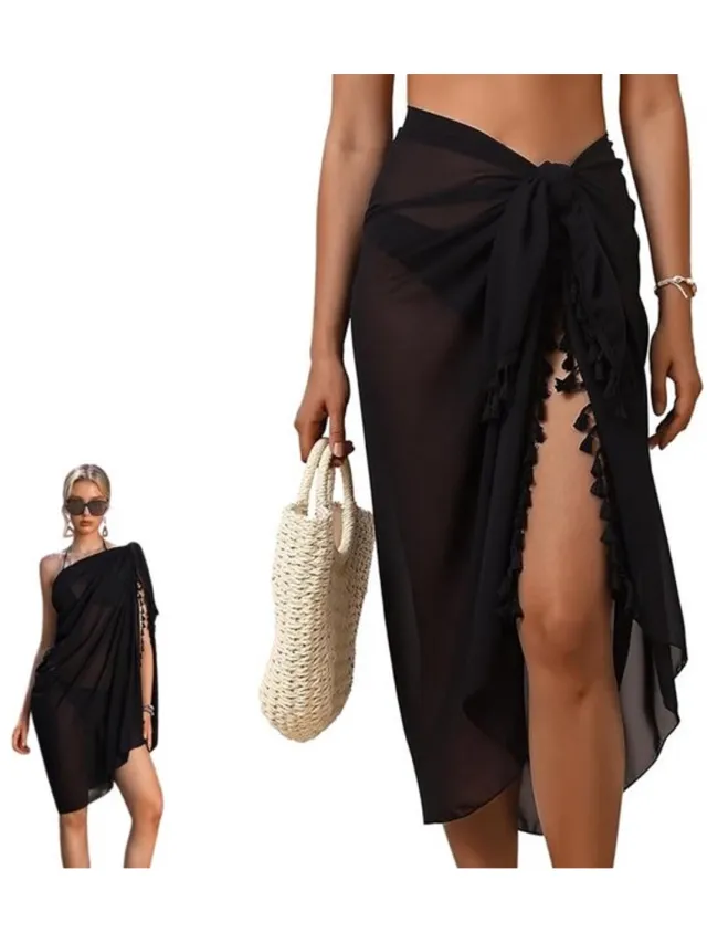 Daity 1 stuk - Badpak Cover Up - Strand Sarong Cover Up - Dames Sarong - Sjaal - Met Kwastjes - Zwart - 110*180cm - Geschikt voor Strand, Zwembad, Cruise, Reisvakantie en Feest