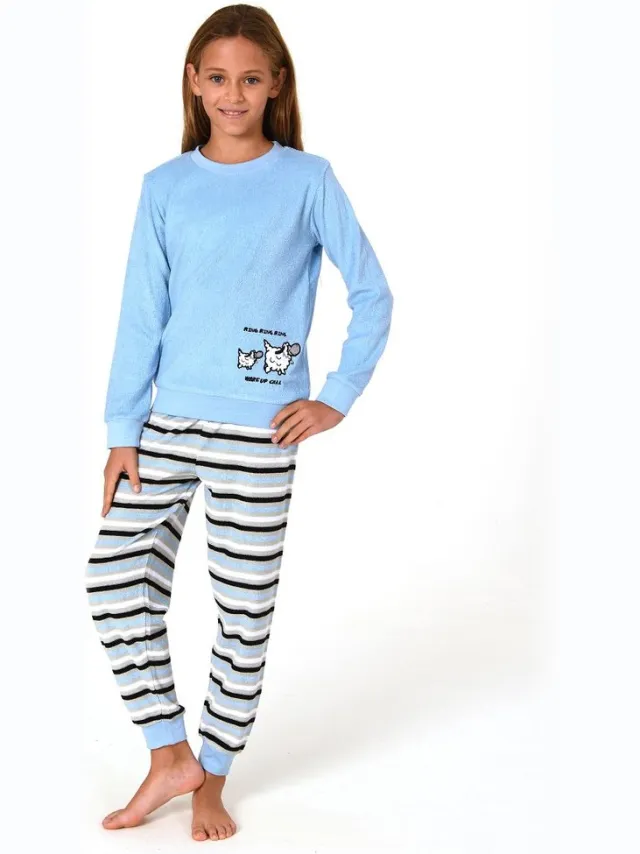Normann Meisjespyjama, badstof pyjama met manchetten en een schattig motief - gestreepte look blau