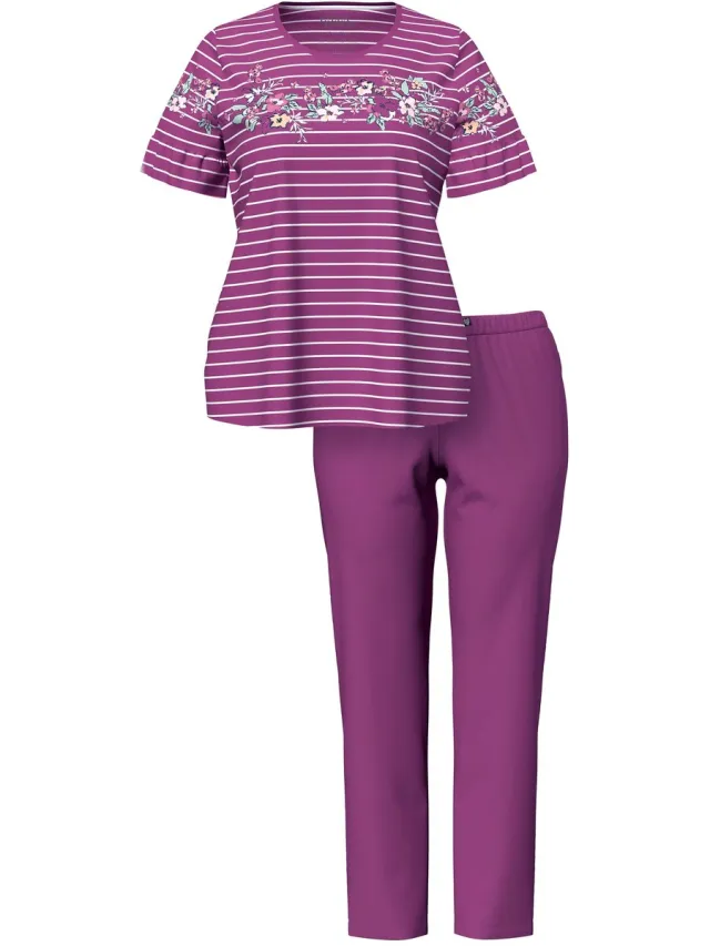 Ulla Popken Dames - Pyjama bloemenstrepen ronde hals korte mouwen met volant - Bes - Maat 58+