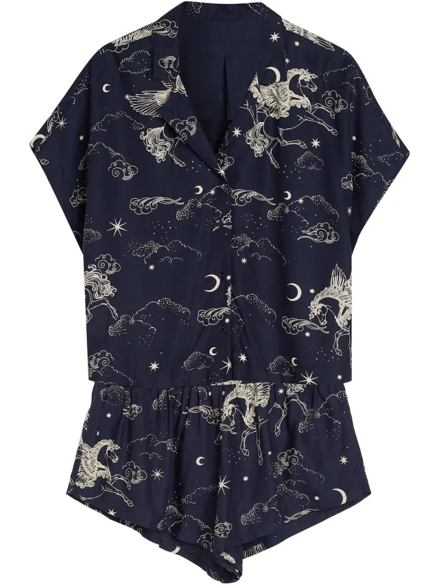 ESOTIQ Crispella - Damespyjamaset - Korte mouw - Marineblauw - 100% viscose