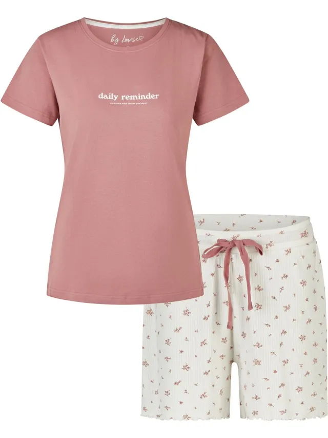 By Louise Dames Korte Pyjama Set Shortama Oudroze/Wit Gebloemd