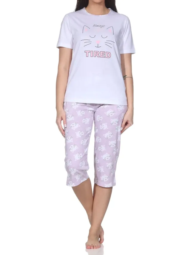 Normann dames pyjama met korte mouwen en capribroek pyjama met hart- en kattenmotief flieder