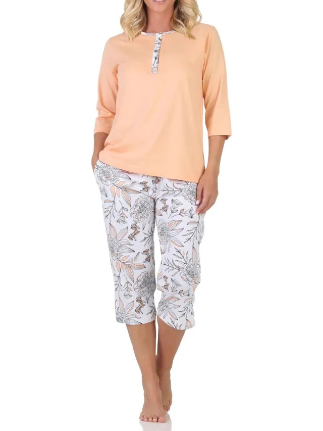 Normann Prachtige damespyjama met korte mouwen en capri broek in bloemenprint - ook in oversize apricot