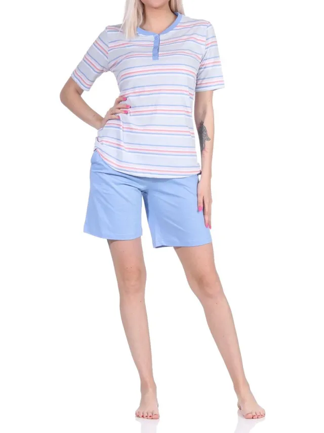 Normann Dames shortypyjama met korte mouwen in pastelkleurige strepen - 122 205 90 863 hellblau