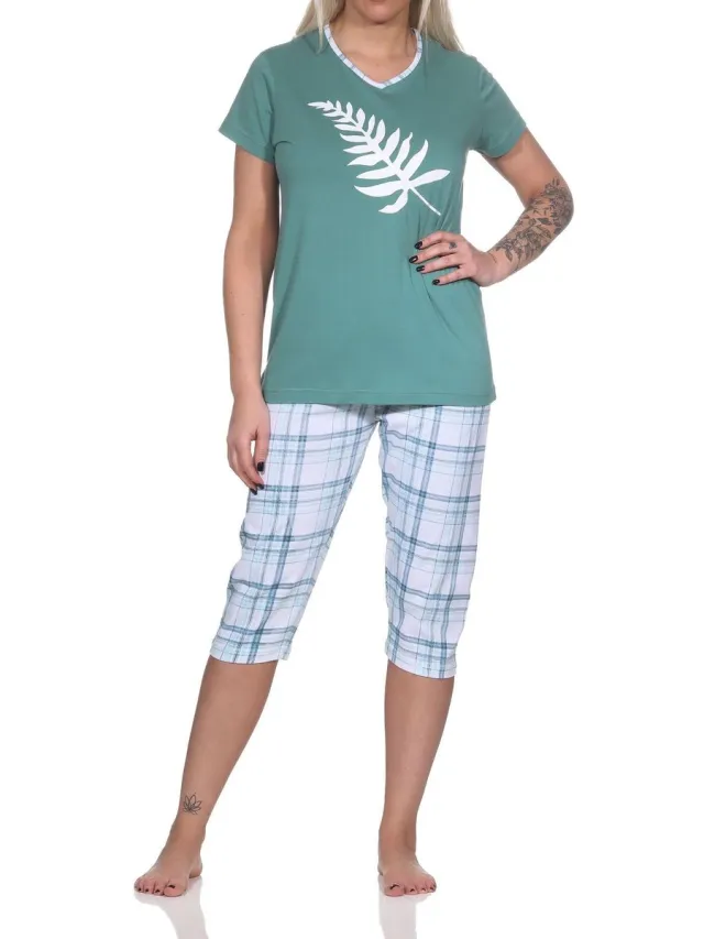 Normann Elegante capri-damespyjama met geruite ¾ broek en print op de voorkant blau